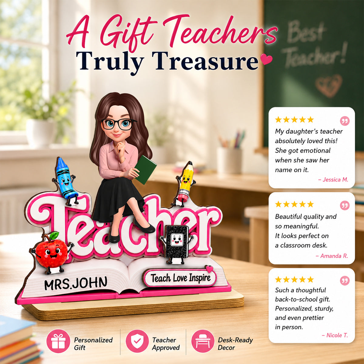 Teacher Notebook Teach Love Inspire - Personalized 2-Layered Wooden Plaque - Back to School Gift for Teacher