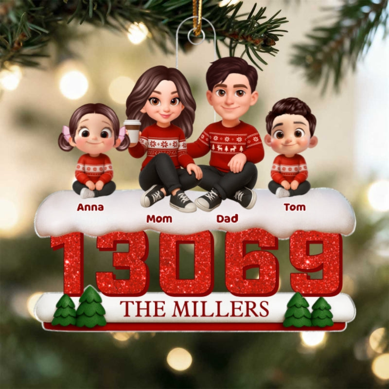 3D Effect Cartoon Family Sitting On Snow Zip Code - Personalized Acrylic Ornament