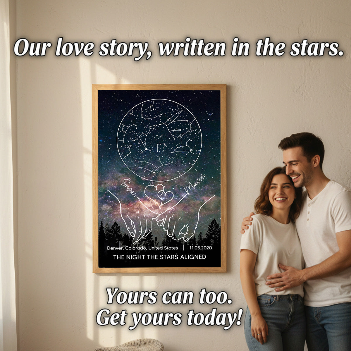 Couple Holding Hands Line Art Custom Star Map Anniversary Date - Personalized Poster - Valentine's Day Gift For Couple