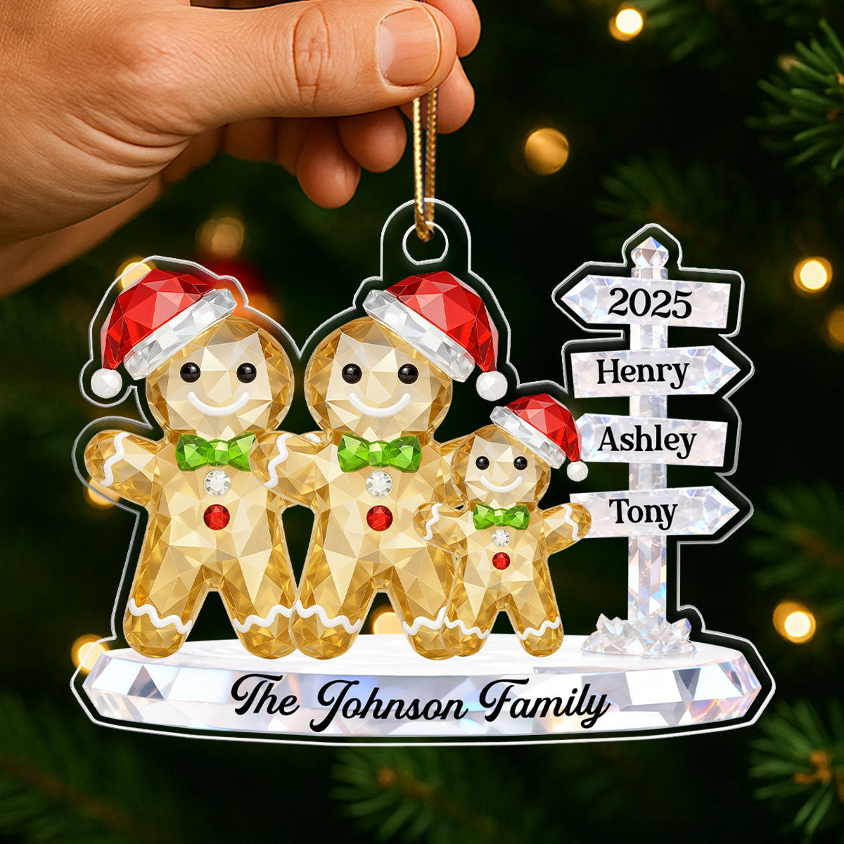 Gingerbread Family 3D Crystal Effect Custom Name Sign Post - Personalized Acrylic Ornament - Christmas Gift for Family
