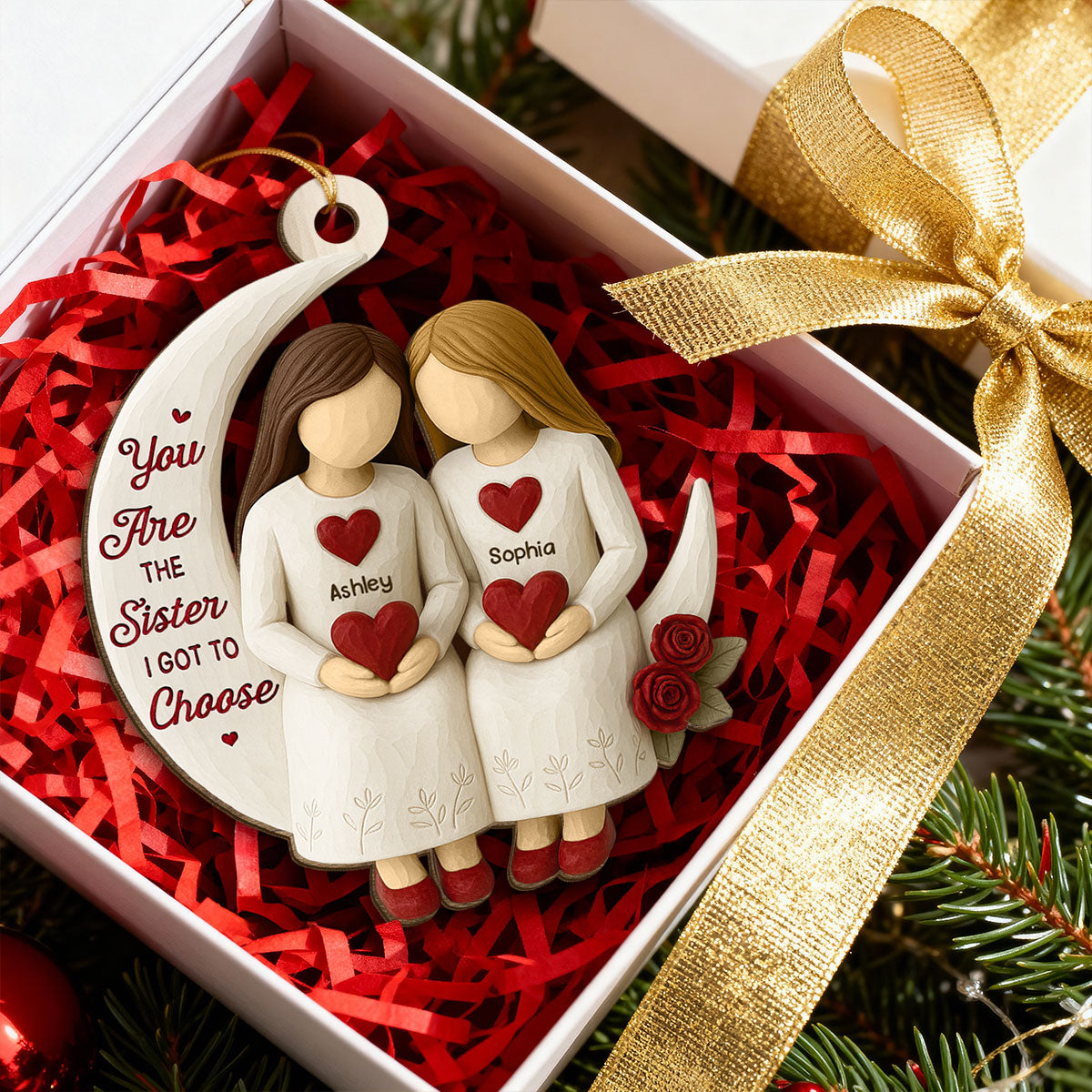 3D Effect Roses Besties On Moon - Personalized Wooden Ornament - Christmas Gift For Best Friends