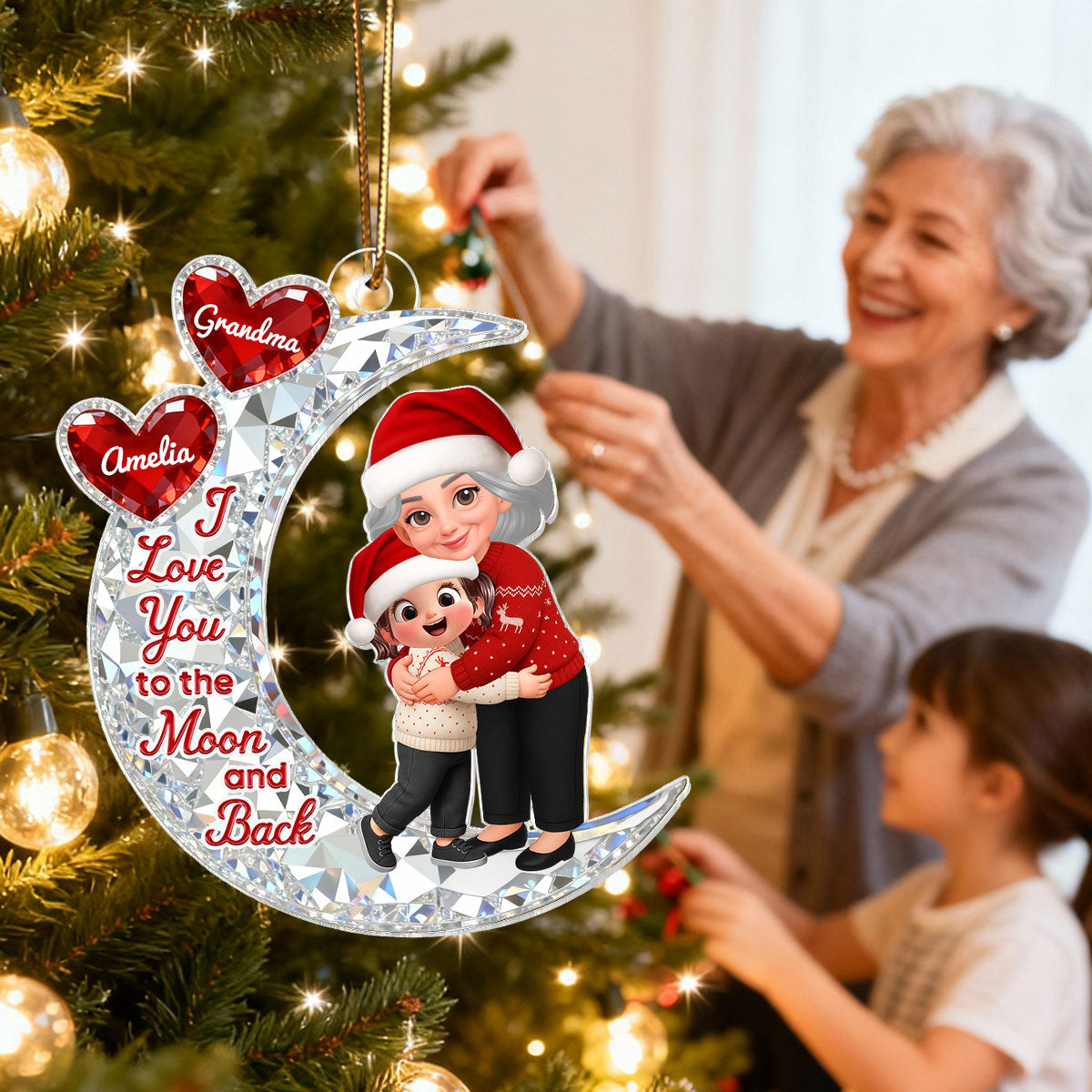 3D Effect Flat Grandma Hugging Grandkid On Moon - Personalized Acrylic Ornament - Gift For Grandma, Grandkids