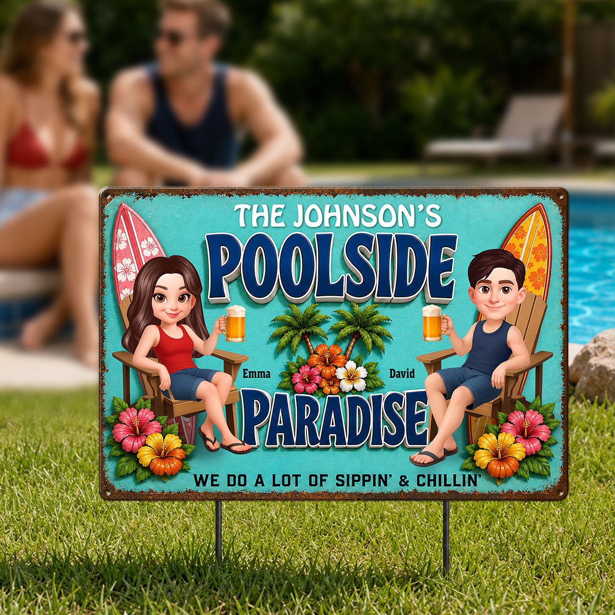 Poolside Paraside Sippin' & Chillin' - Personalized Metal Sign - Gift For Couple, Summer Decorations
