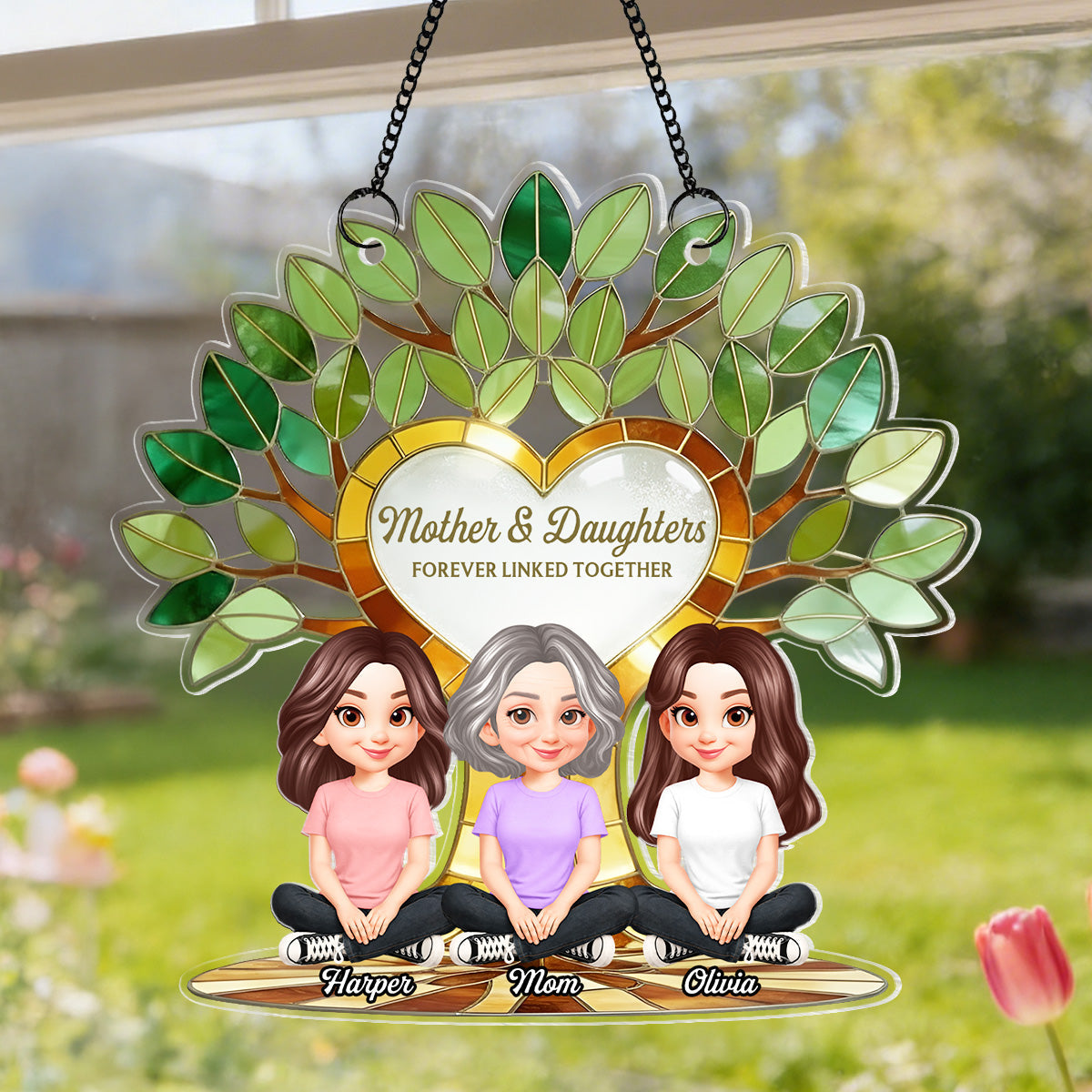 Mom And Son Daughter Under Green Family Tree Of Life - Personalized Suncatcher Ornament - Gift For Mom