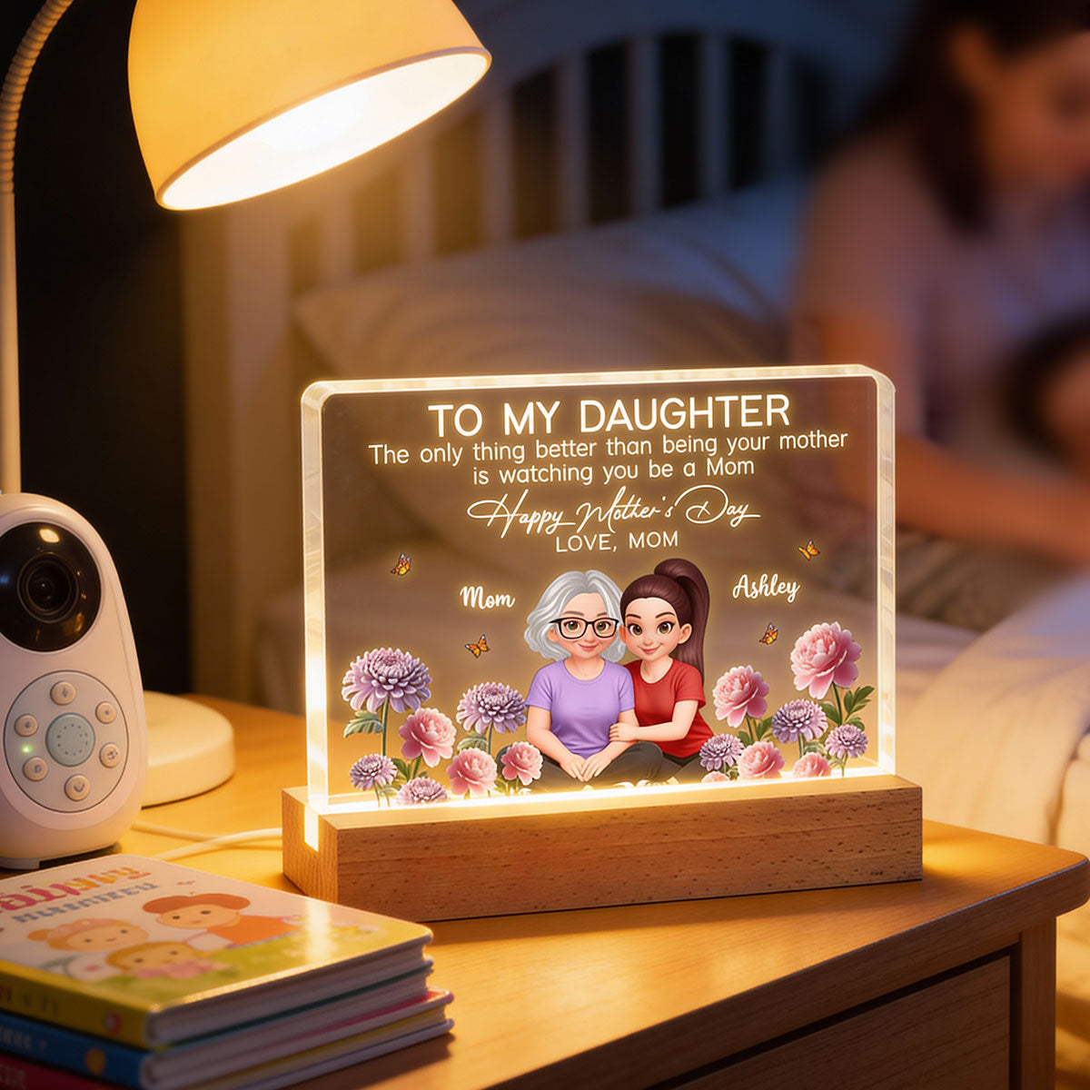 To My Daughter Happy Mother's Day Custom Birth Month Flower - Personalized Acrylic Block LED Plaque - Mother's Day Gift For Daughter