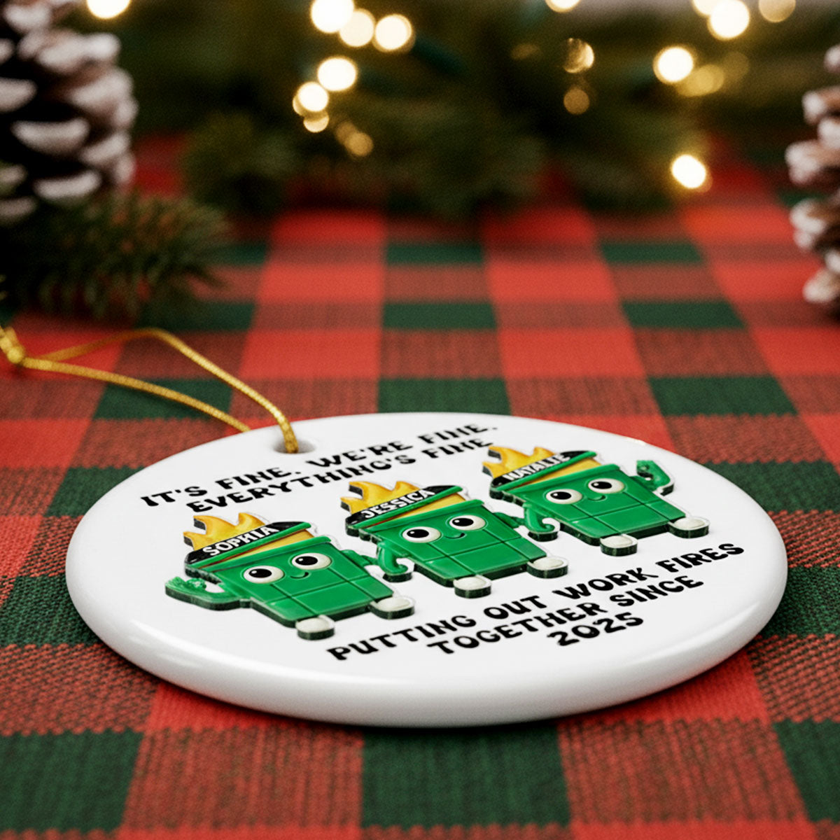 Putting Out Work Fires Together Work Bestie Dumpster Fires - Personalized Ceramic Ornament With Acrylic Pieces - Funny Gift For Colleagues
