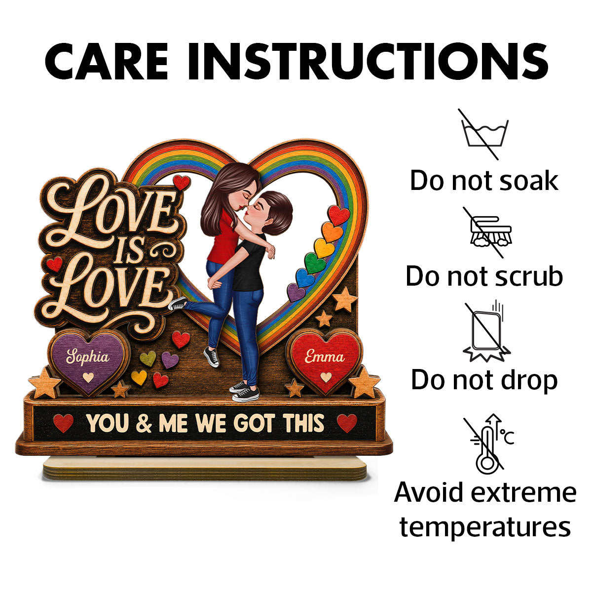 Love Is Love LGBTQ+ Couple Kissing - Personalized 2-Layered Wooden Plaque - Pride Month Gift For Couple
