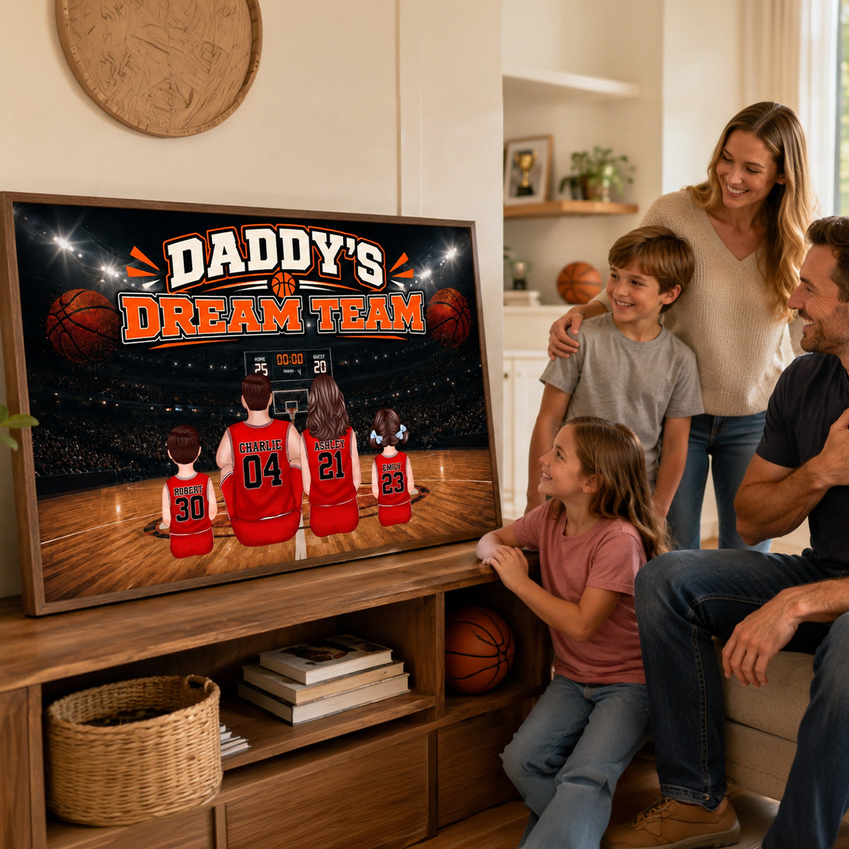 Dad You Are Our MVP Sitting Basketball Man & Kids 2D Flat - Personalized Poster - Father's Day Gift For Basketball Dad