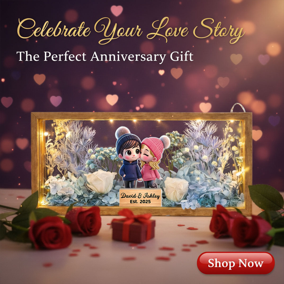 Eternal Love Cute Cartoon Chibi Couple Couple - Personalized DIY Flower Shadow Box LED Night Light - Gift For Couple, For Him, For Her