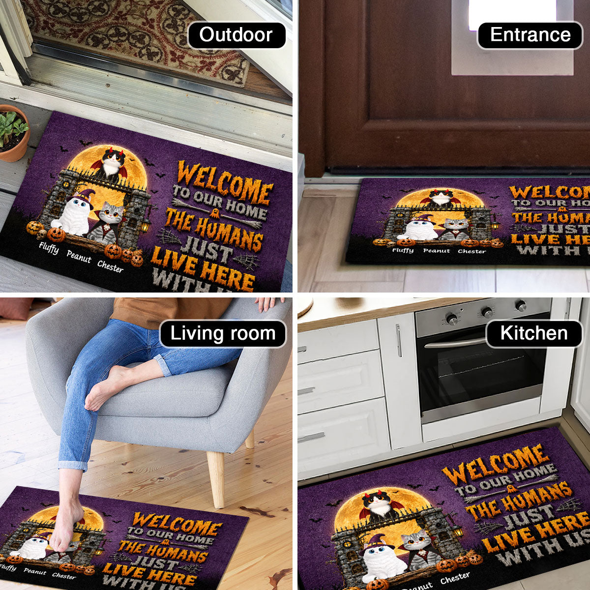 The Humans Just Live Here With Us - Personalized Doormat - Halloween Decor Gift, Gift For Cat Lovers