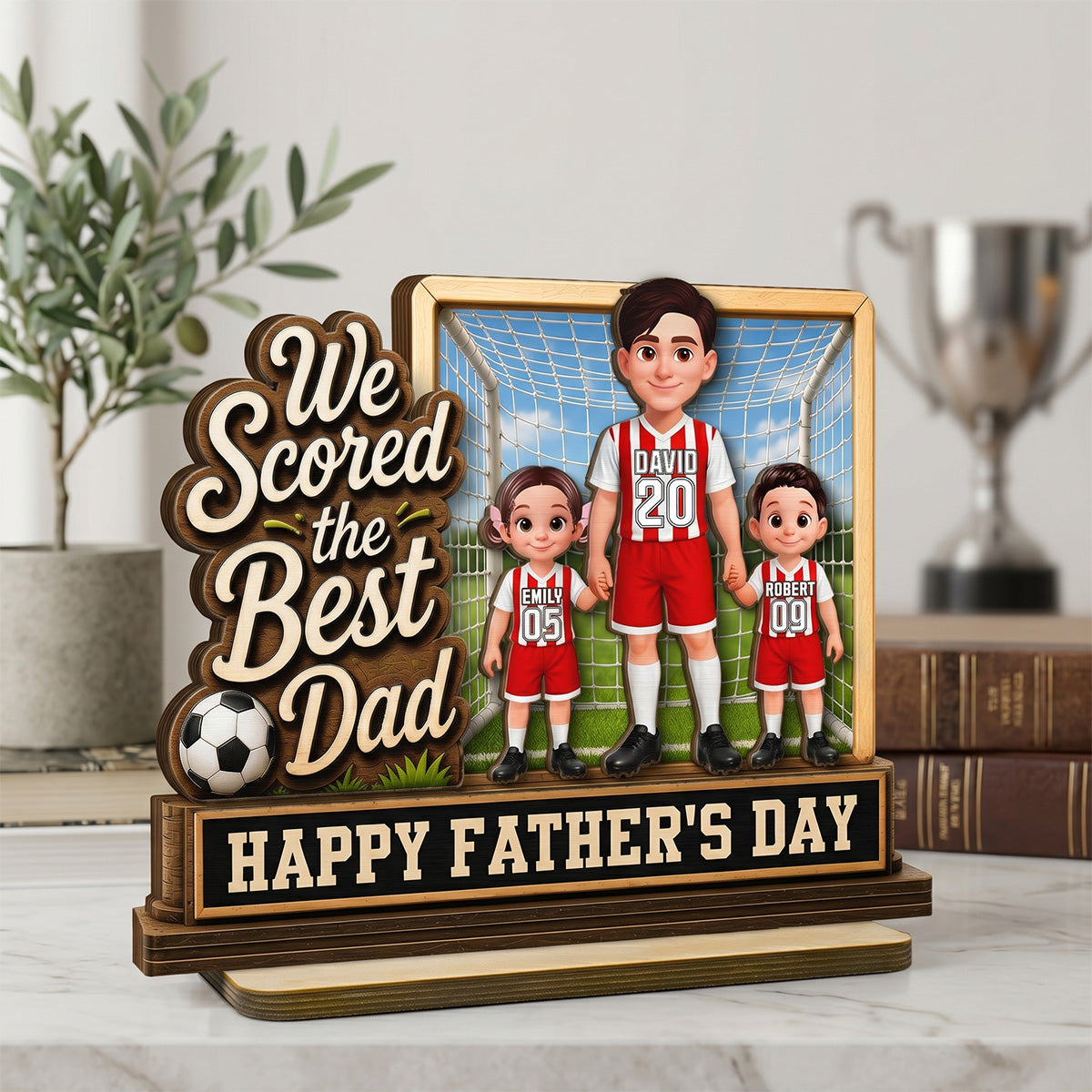 We Scored The Best Dad Dad & Kids In Goal 2D Flat - Personalized 2-Layered Wooden Plaque -  Gift For Soccer Dad, UK Football Dad