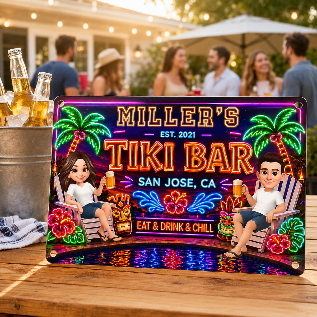 Custom Family Tiki Bar - Personalized Metal Sign - Outdoor Home Bar Decor, Eat Drink & Chill Sign, Backyard Patio Sign, New Home Gift