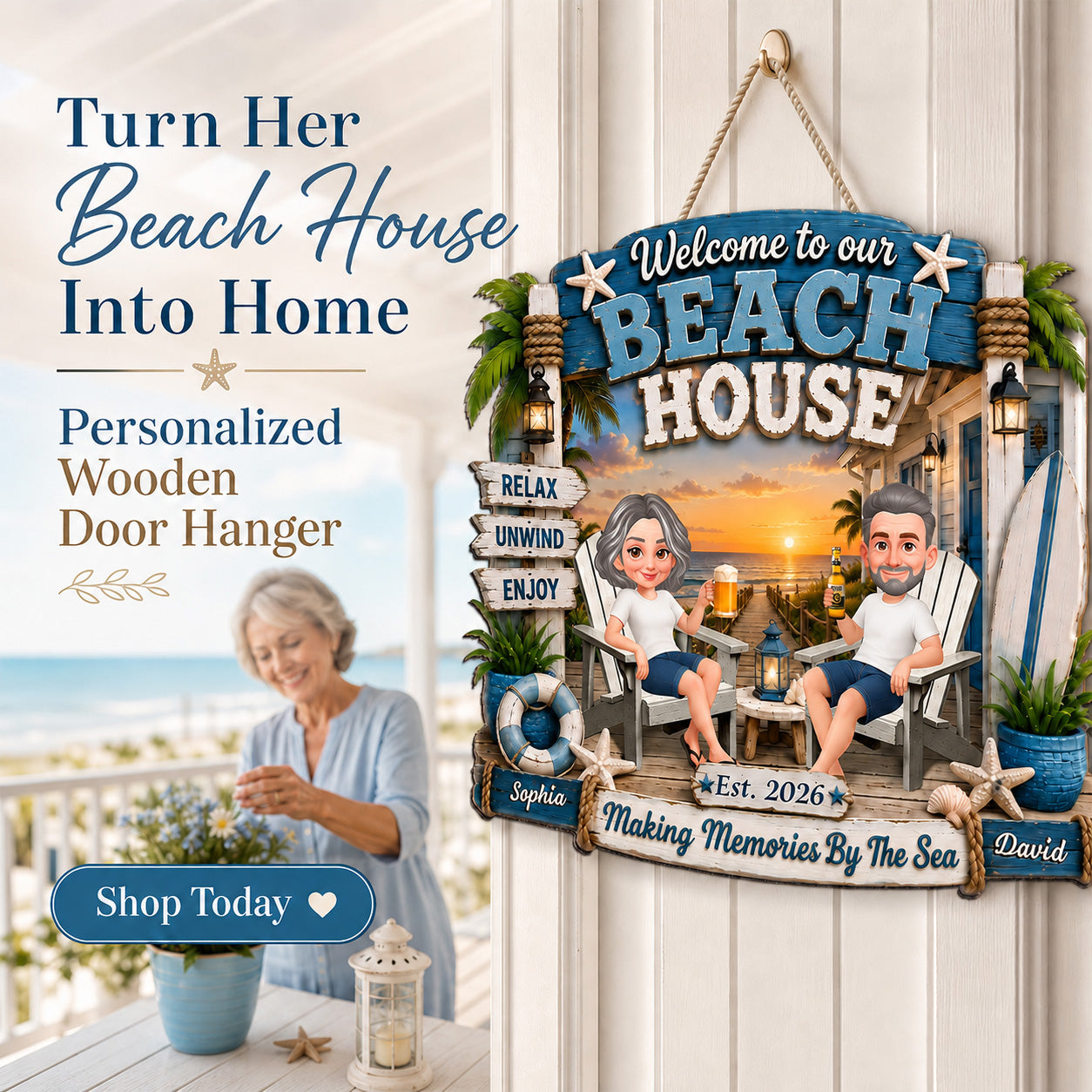 Welcome To Our Beach House - Personalized Wood Sign - Gift For Couple, Summer Decoration