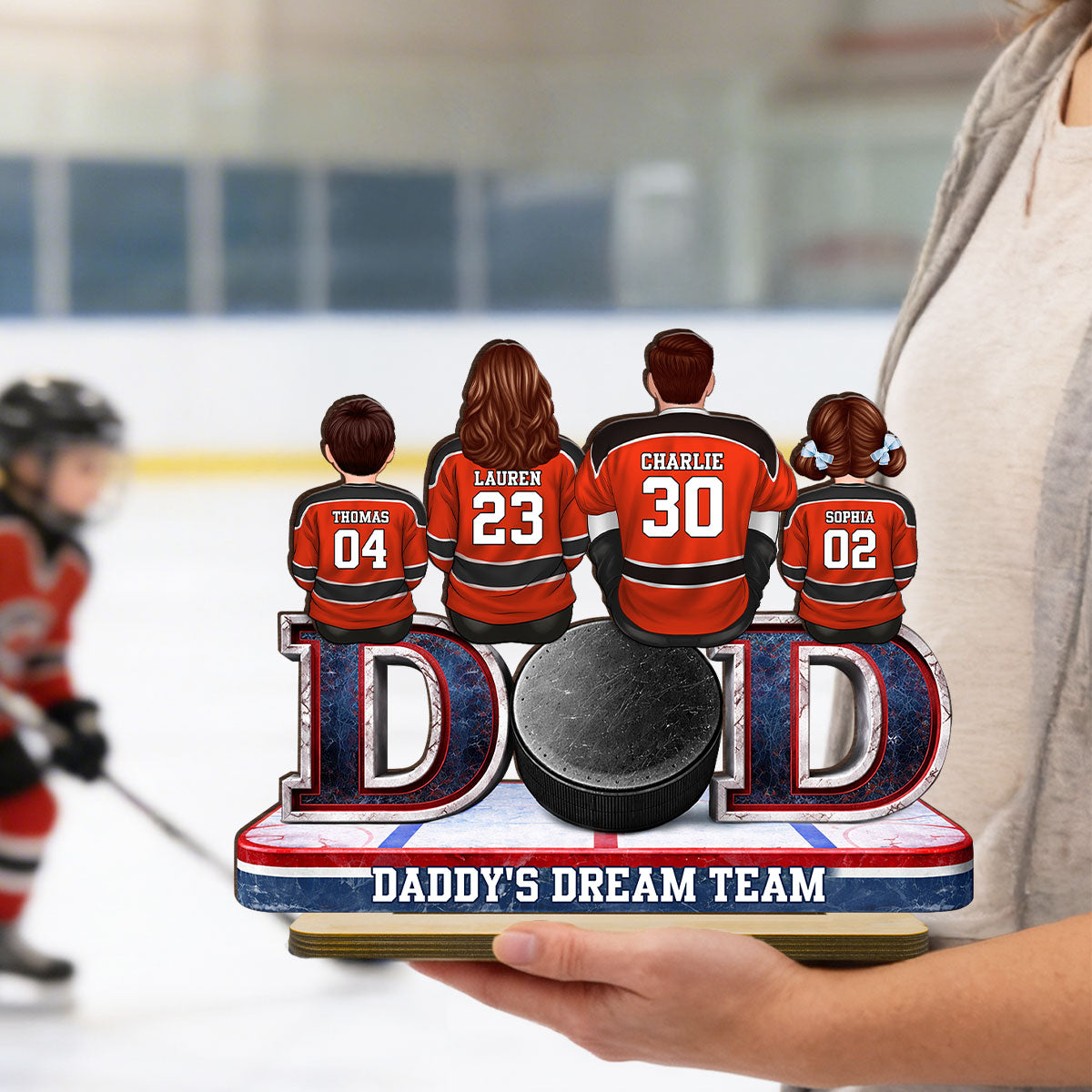 Hockey Dad Family Sitting Back View - Personalized 2-Layered Wooden Plaque - Heartfelt Gift For Hockey Dad, Gift For Husband, Gift For Family