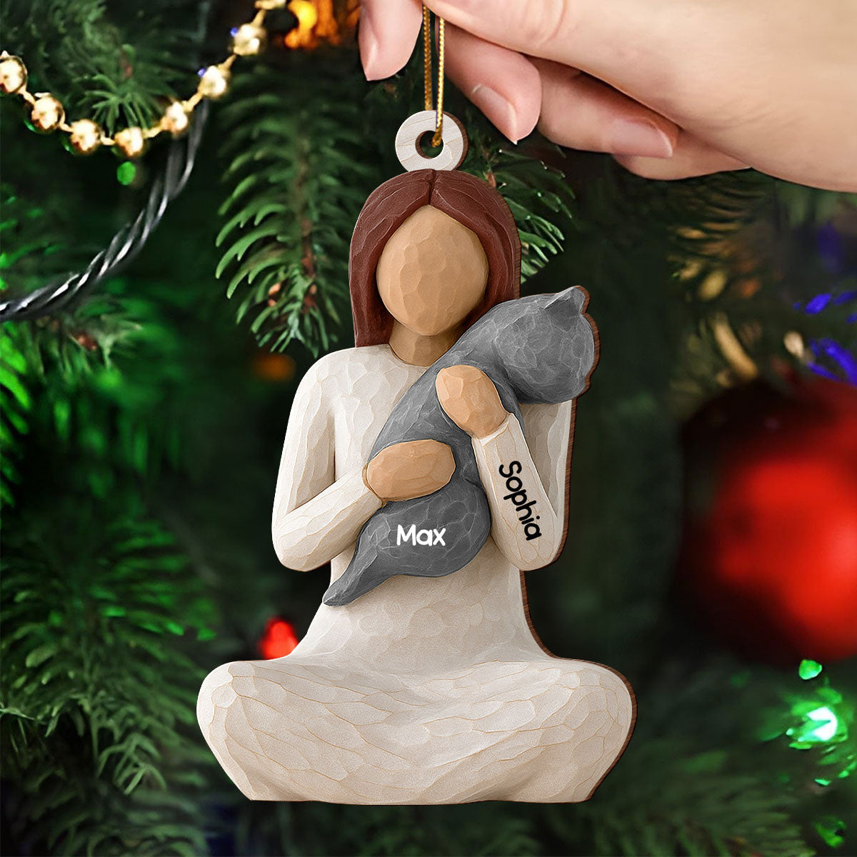 3D Effect Woman Hugging Cat - Personalized Wooden Ornament - Christmas Gift For Cat Lovers, Cat Mom