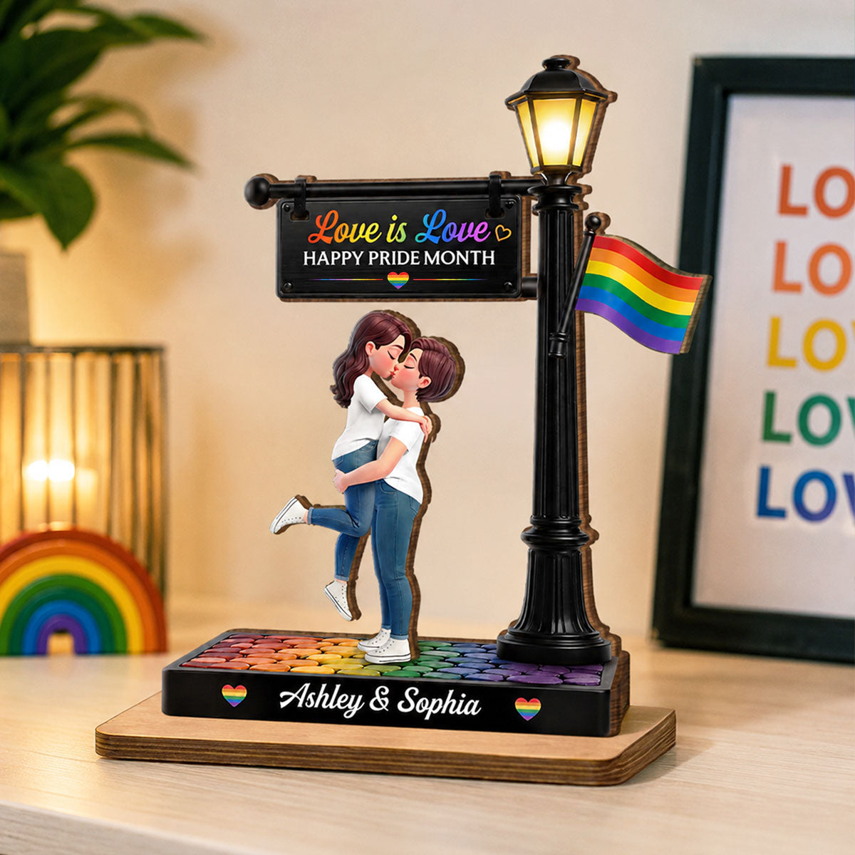 LGBT Couple Under Lamp Post - Personalized 2-Layered Wooden Plaque - Gift For Couple, Happy Pride Month