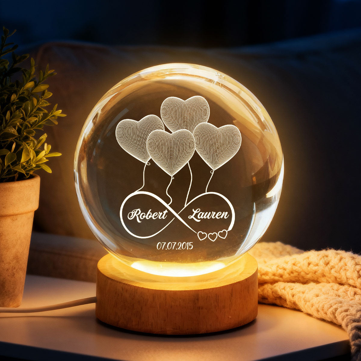 Couple Infinity Love Heart Balloon - Personalized Crystal Ball LED Night Light - Sentimental Gift for Her, for Him, Couple Keepsake