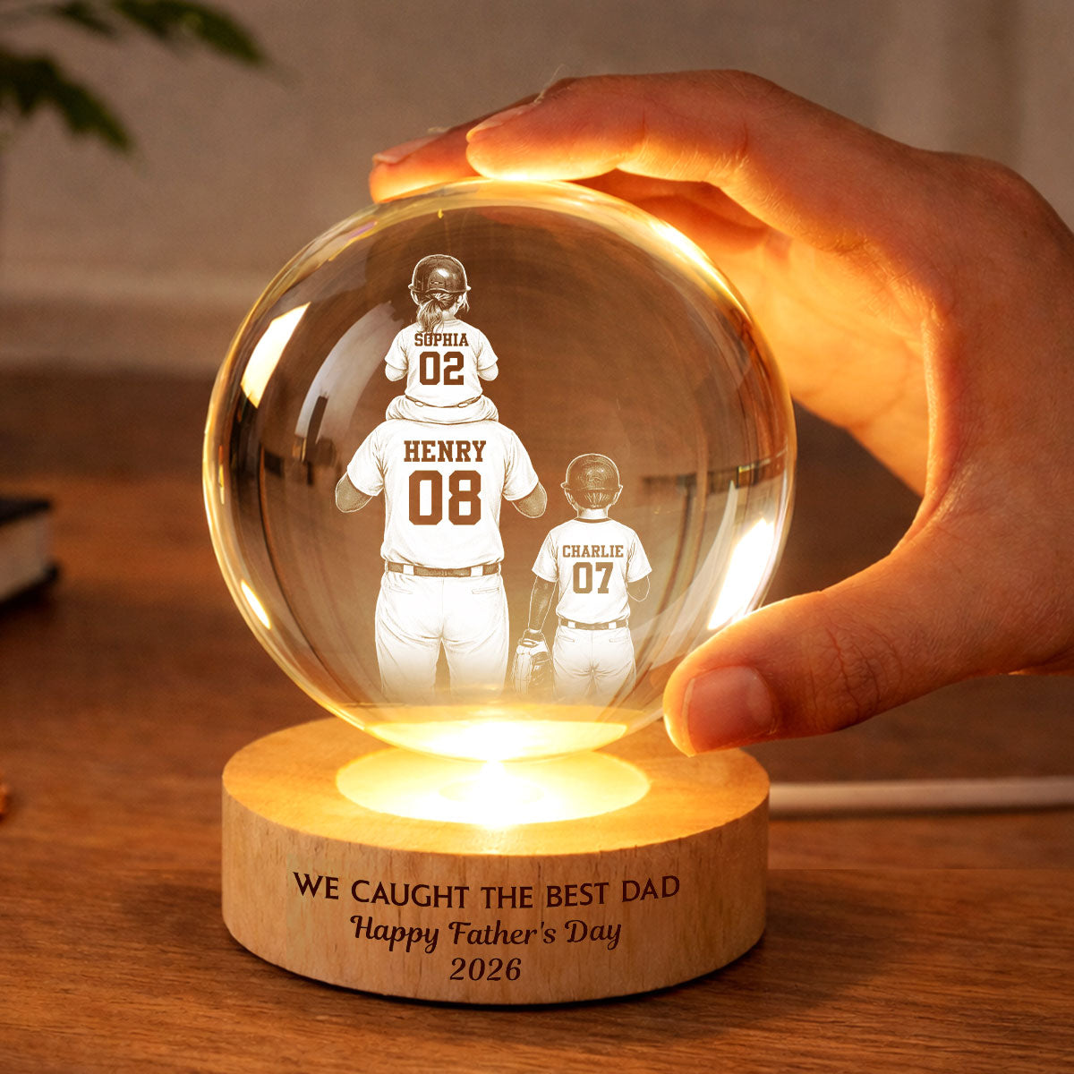 We Caught the Best Dad - Personalized Crystal Ball LED Night Light -  Gift for Dad, Husband