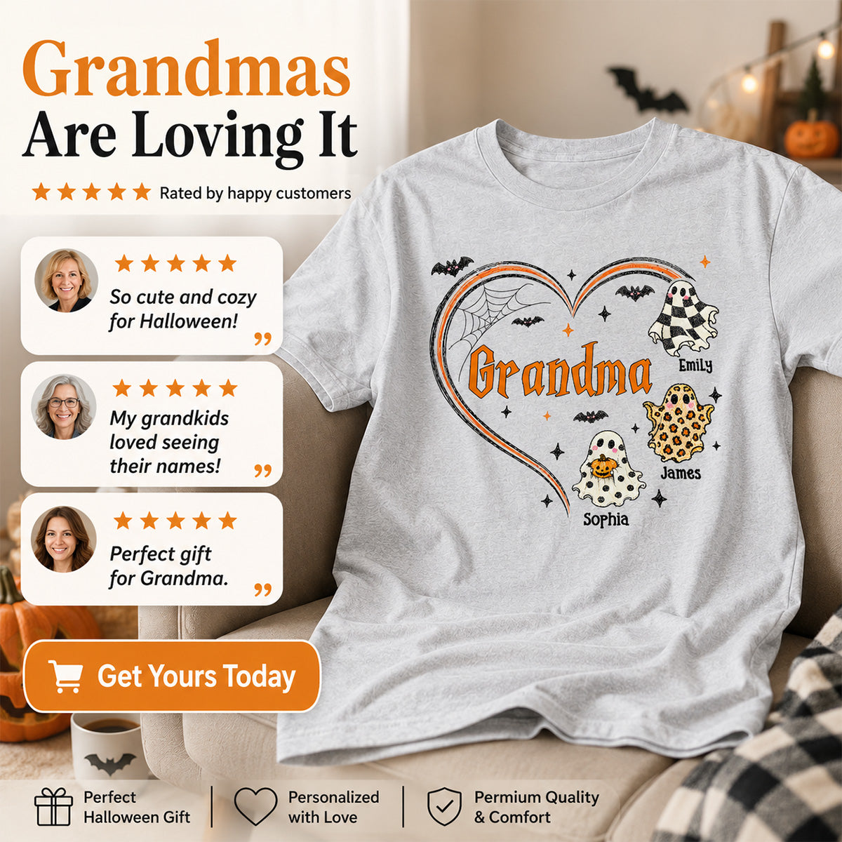 Grandma's Boo Crew Heart Checkered Leopard Polka Dot Ghosts - Personalized Shirt - Perfect Halloween Costume for Grandma