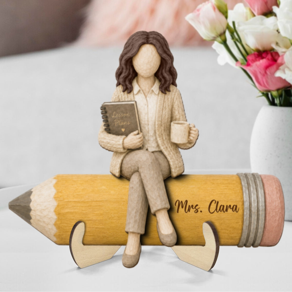 Teacher Sitting On Pencil 2D Flat - Personalized Wooden Plaque - Back To School Gift