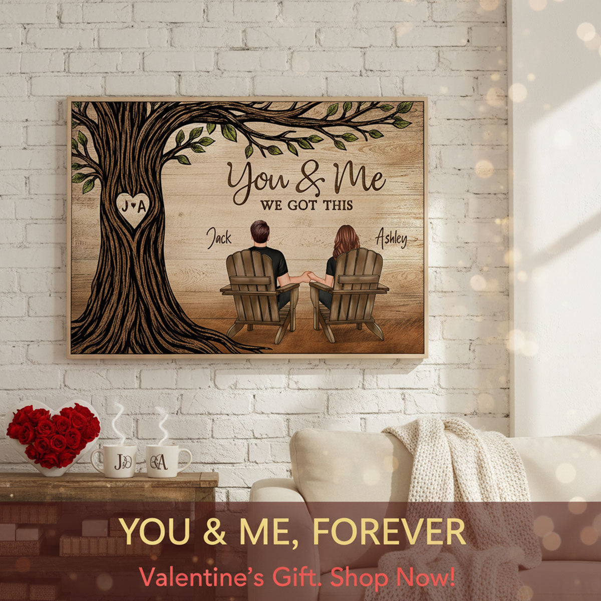 Couple Sitting Under Heart Carved Tree - Personalized Poster - Valentine's Day Gift For Couple