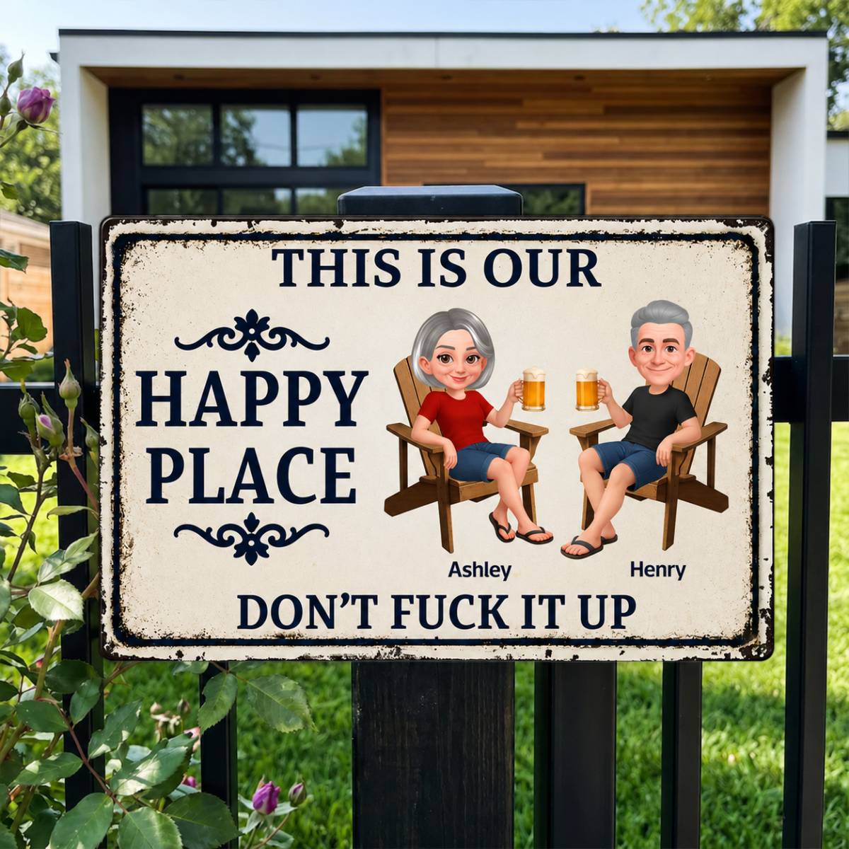 Couple This Is Our Happy Place - Personalized Metal Sign - Funny Sarcasm Decoration For Patio, Garden, Farmhouse Porch, Man Cave, Garage