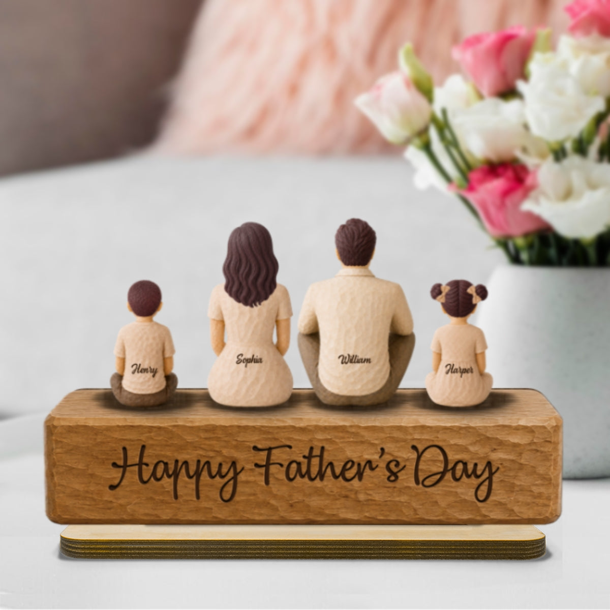 Family Sitting Back View 2D Flat Printed - Personalized 2-Layered Wooden Plaque - Gift For Dad, Gift For Husband, Gift For Grandpa