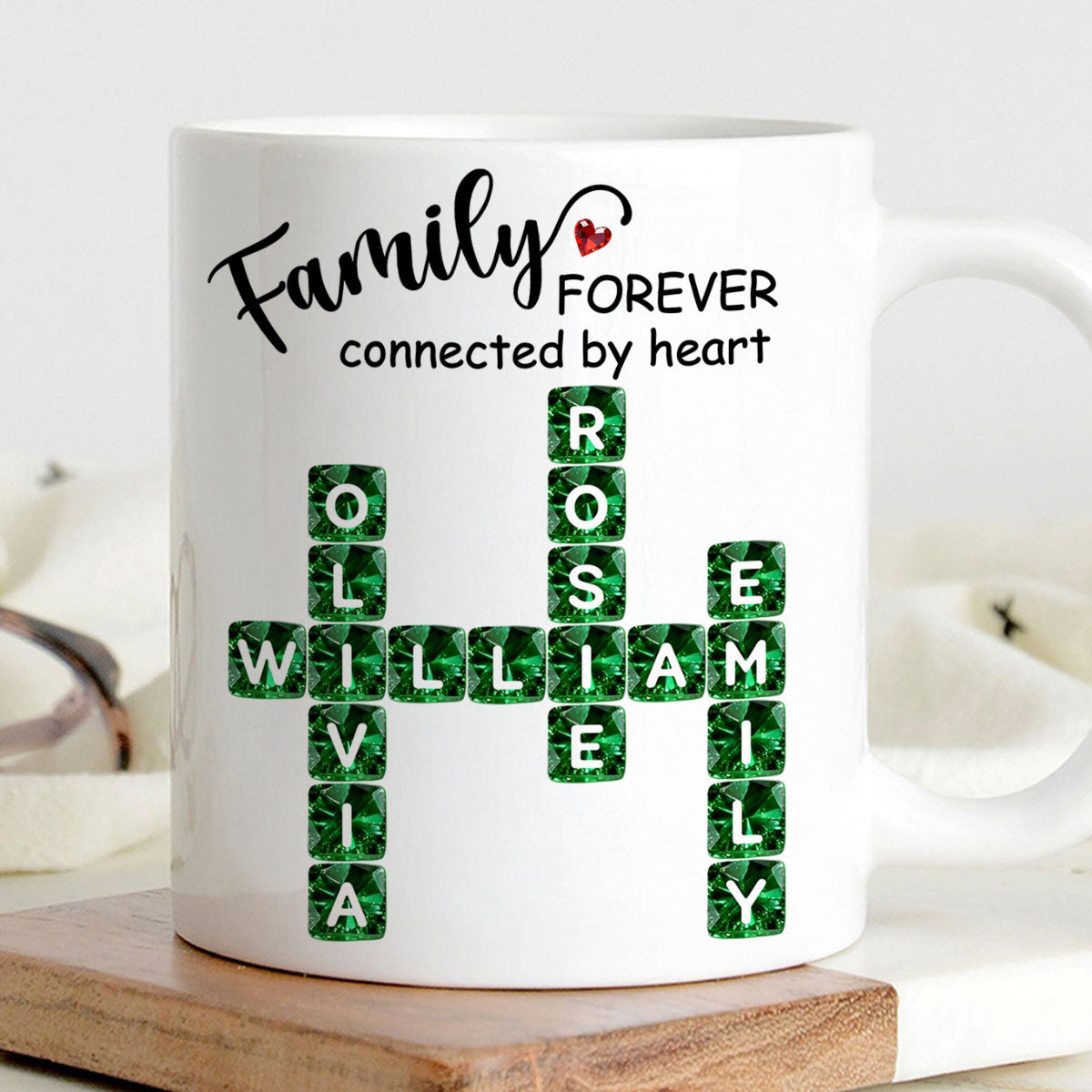 Family Forever Connected by Heart 3D Crystal Crossword - Personalized Mug - Sentimental Gift for for Loved Ones