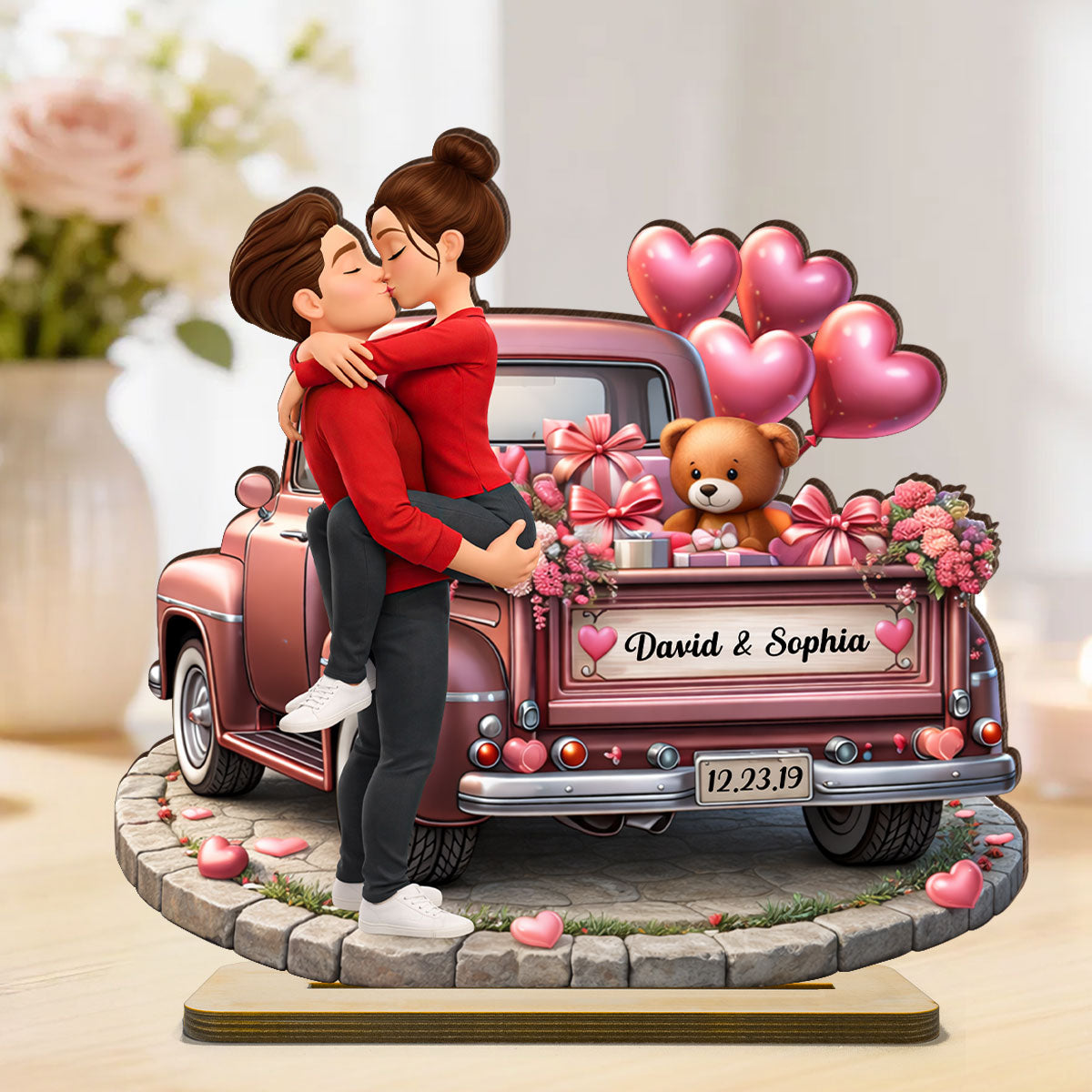 Valentine Truck Couple Kissing - Personalized 2-Layered Wooden Plaque - Anniversary, Valentine's Day Gift, Gift For Him, Gift For Her