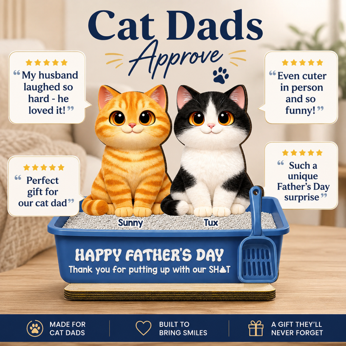 Cute Fluffy Cats Happy  Thanks For Feeding And Scooping Poo 2D Flat - Personalized 2-Layered Wooden Plaque - Funny  Gift For Cat Dad, Cat Lovers