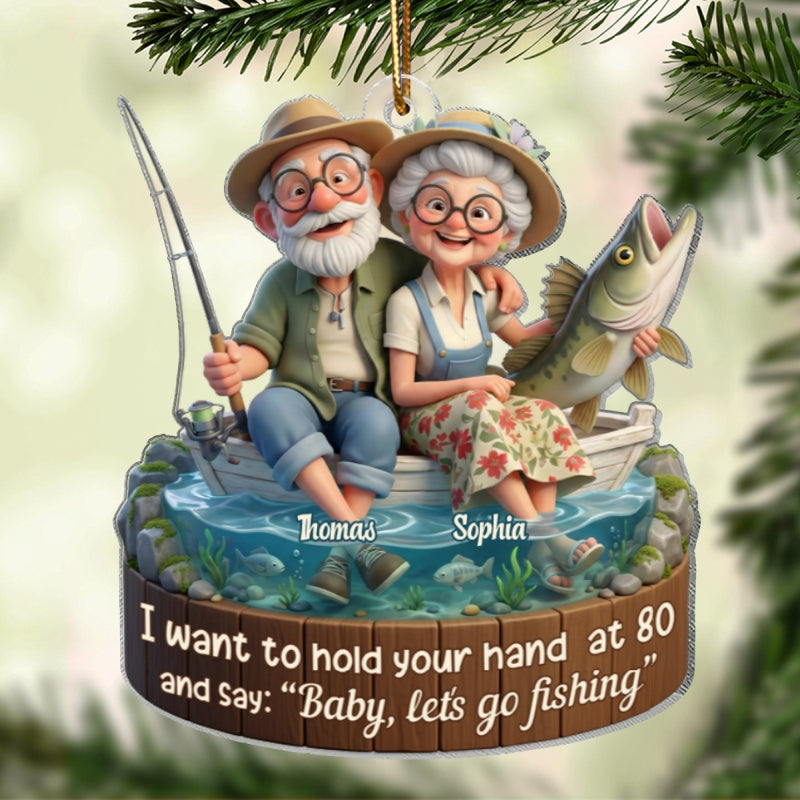 Baby Let's Go Fishing Old Couple - Personalized Acrylic Car Hanger - Sentimental Gift for him, for her