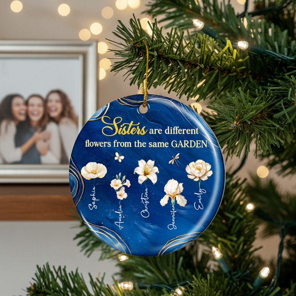 3D Effect Birth Flowers Sisters From The Same Garden - Personalized Ceramic Ornament - Christmas Gift For Sisters