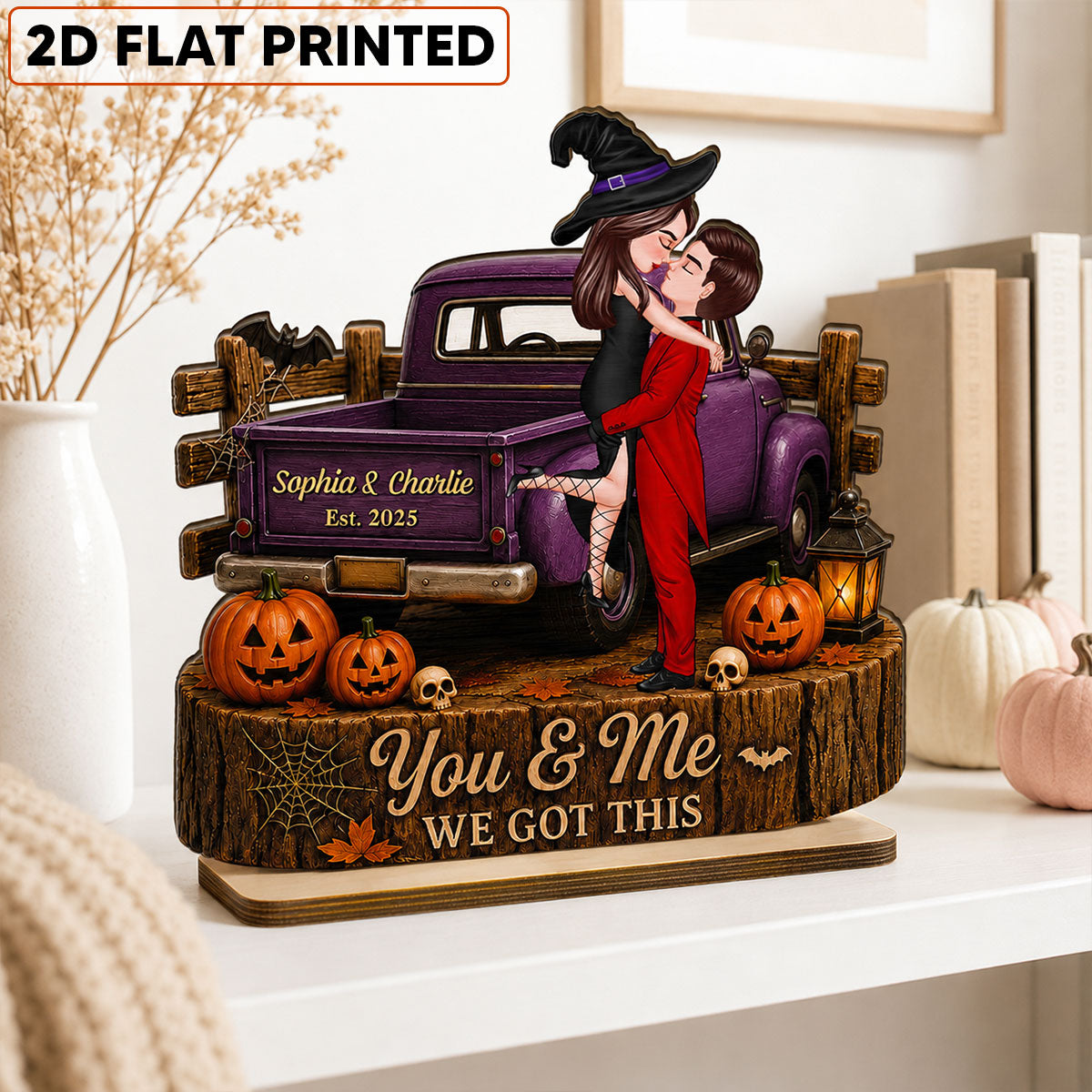 Spooky Halloween Couple Kissing - Personalized 2 Layered Wooden Plaque - Gift For Couple, Him, Her