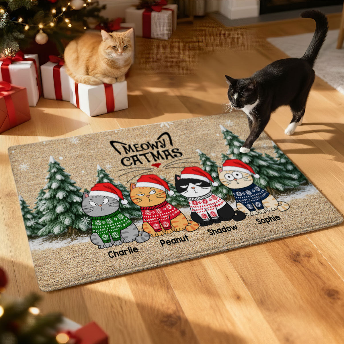 Christmas Funny Cute Cats Meowy Catmas - Personalized Doormat - Christmas Gift For Cat Lovers