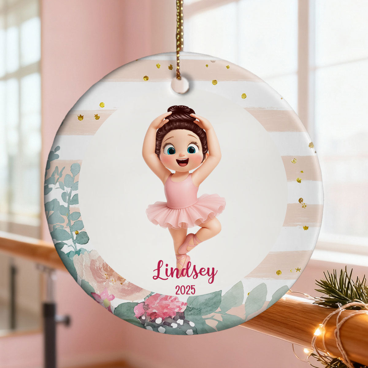 Floral Frame Ballerina Girl - Personalized Ceramic Ornament - Christmas Gift For Daughter, Granddaughter