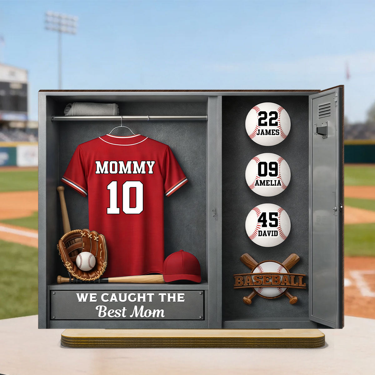 Mom Kids Baseball Locket Room - Personalized 2-Layered Wooden Plaque - Gift For Mom
