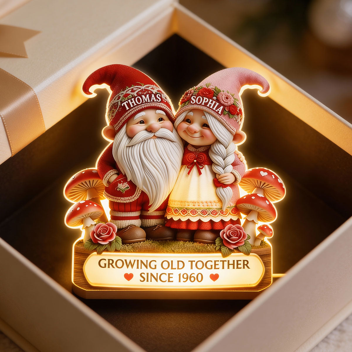 3D Effect Gnome Couple Growing Old Together - Personalized Light Box - Heartfelt Valentine's Day Gift, Anniversary Gift For Couple, For Him, For Her