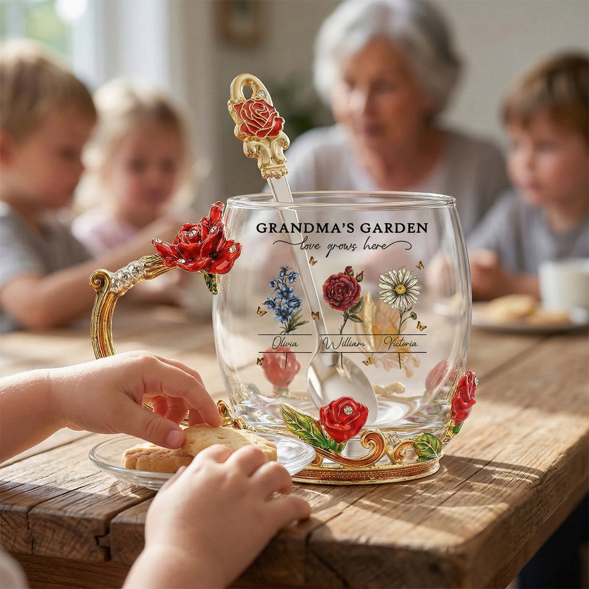 Vintage Grandma Garden Custom Birth Month Flowers - Personalized Enamel Flower Tea Cup - Gift For Grandma, Mom