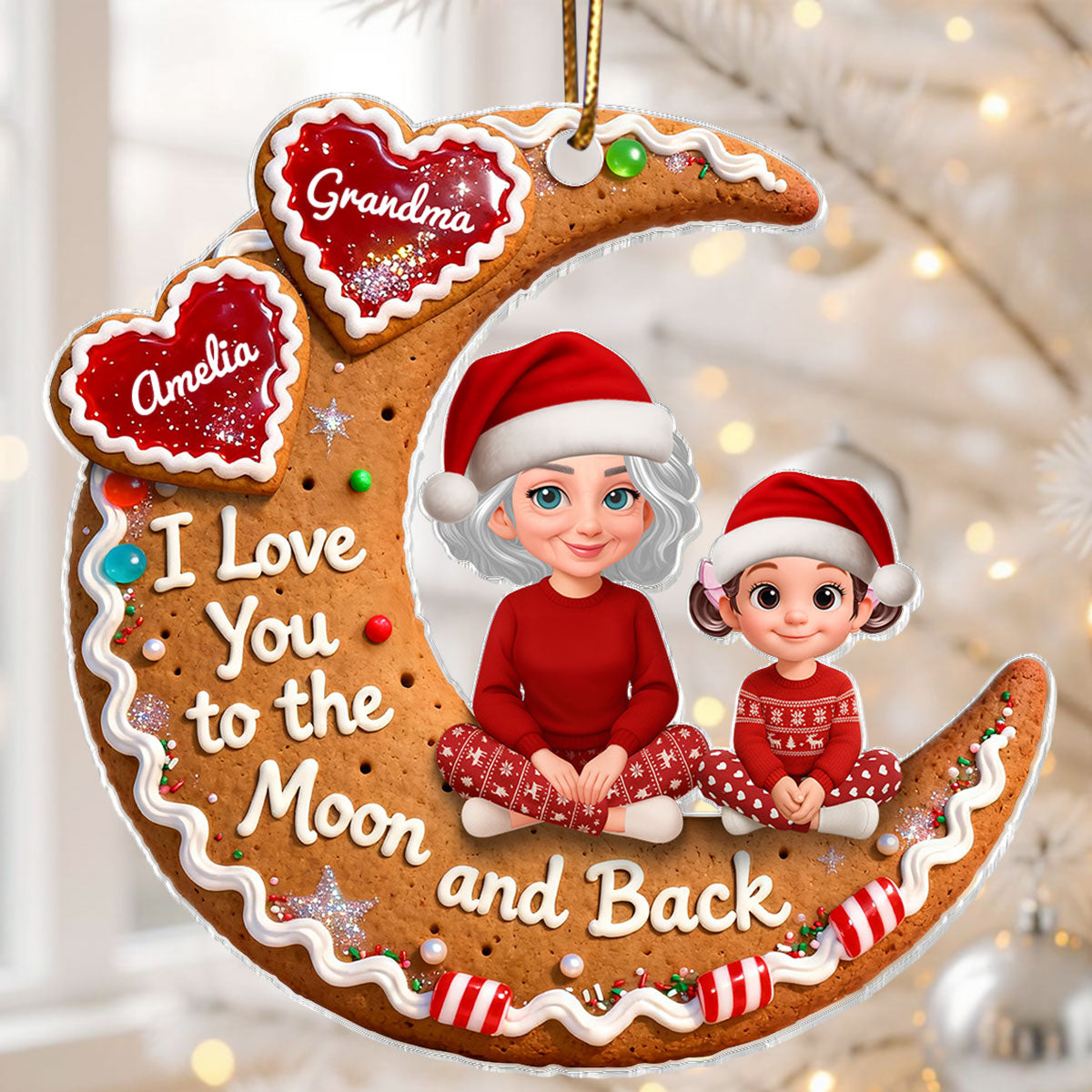 3D Effect Gingerbread Moon Grandma Grandkid Love You To The Moon And Back - Personalized Acrylic Ornament - Christmas Gift For All Grandkids