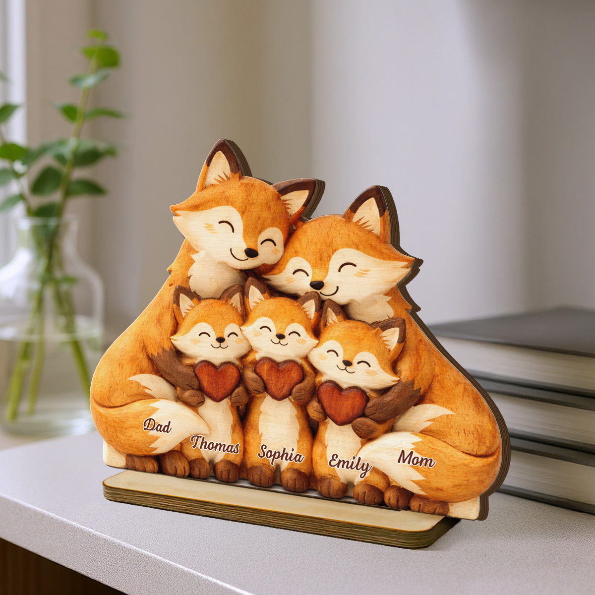 Cozy Fox Family - Personalized 2-Layered Wooden Plaque - Mother's Day Gift For Mom, Woodland Animal Decor