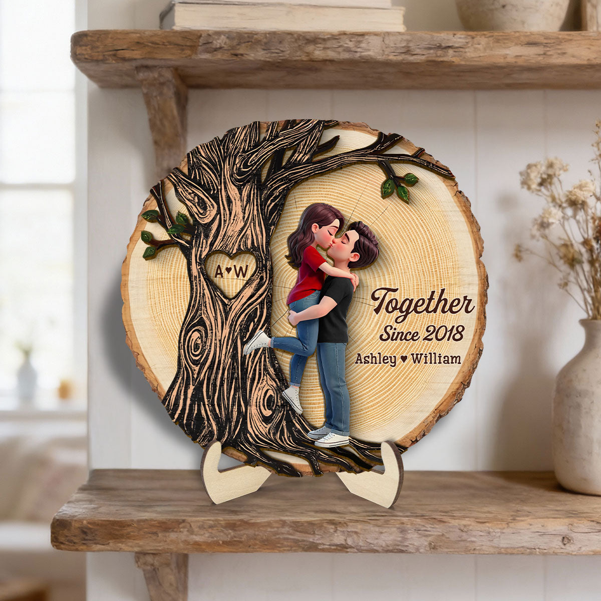 Couple Hugging Kissing Beside Eternal Tree Of Love - Personalized 2-Layered Wooden Plaque - Gift For Couple