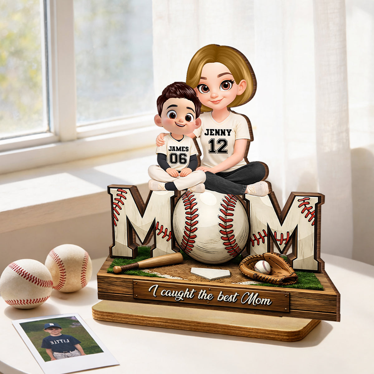 Baseball Mom and Kids We Caught the Best Mom - Personalized 2-Layered Wooden Plaque - Heartfelt Gift for Mom