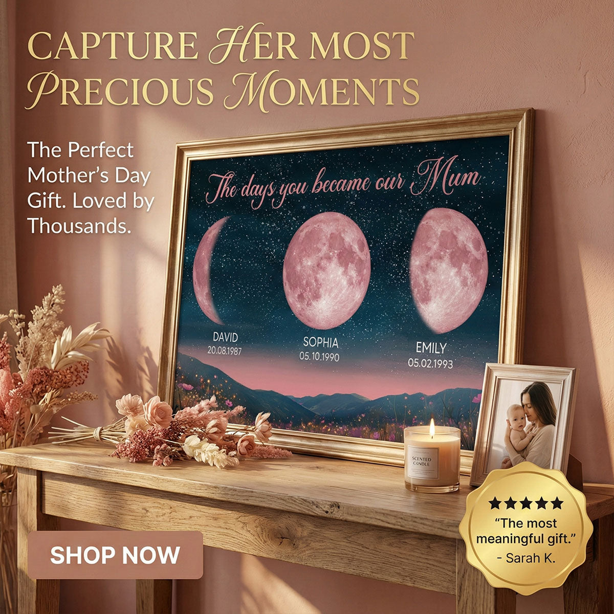 Pink Custom Moon Phase Birth Moon Beautiful Hill At Night - Personalised Poster