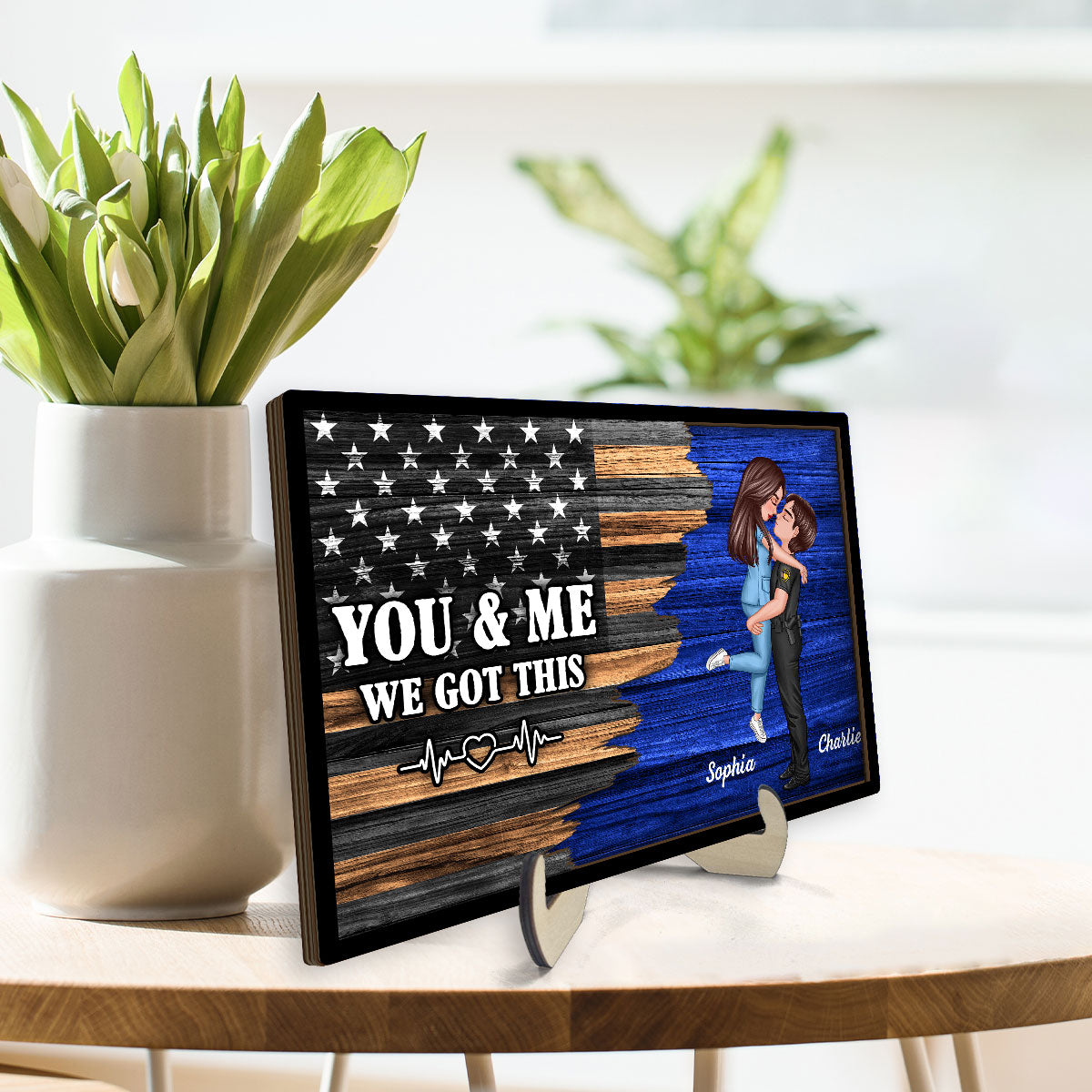 Saving Lives Together Hero Couple Half Flag Gifts by Occupation Gift For Her Gift For Him Firefighter, Nurse, Police Officer Personalized 2-Layer Wooden Plaque