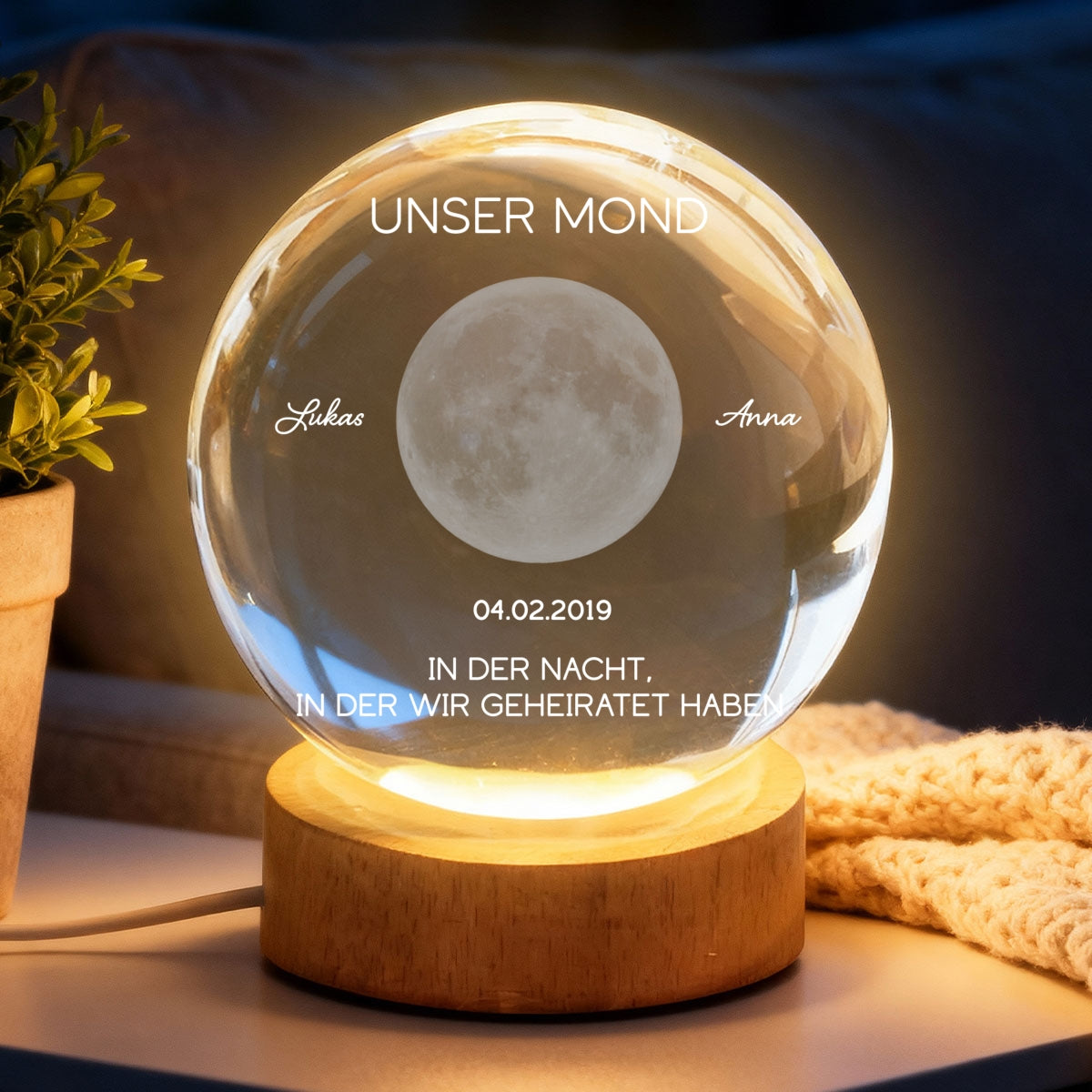 Unser Mond zum Wunschdatum – Personalisierte Mondphase – Kristallkugel Nachtlicht – Jahrestagsgeschenk für Sie & Ihn