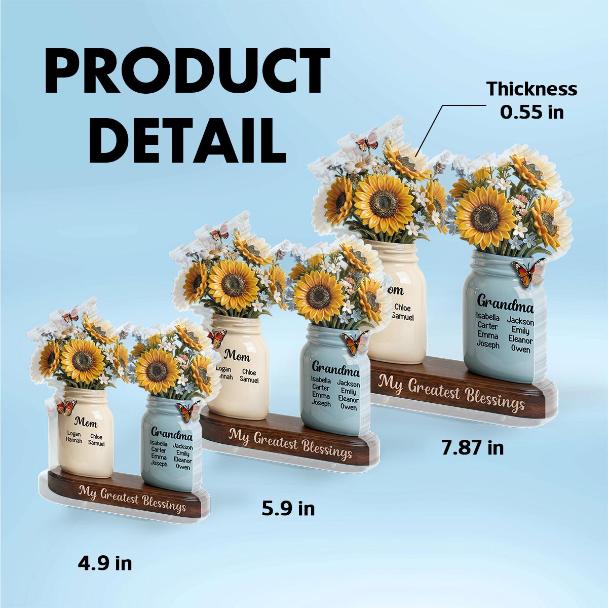 Mom Grandma Sunflowers Jars Custom Names 2D Flat - Personalized Acrylic Block Plaque - Mother's Day Gift For Grandma
