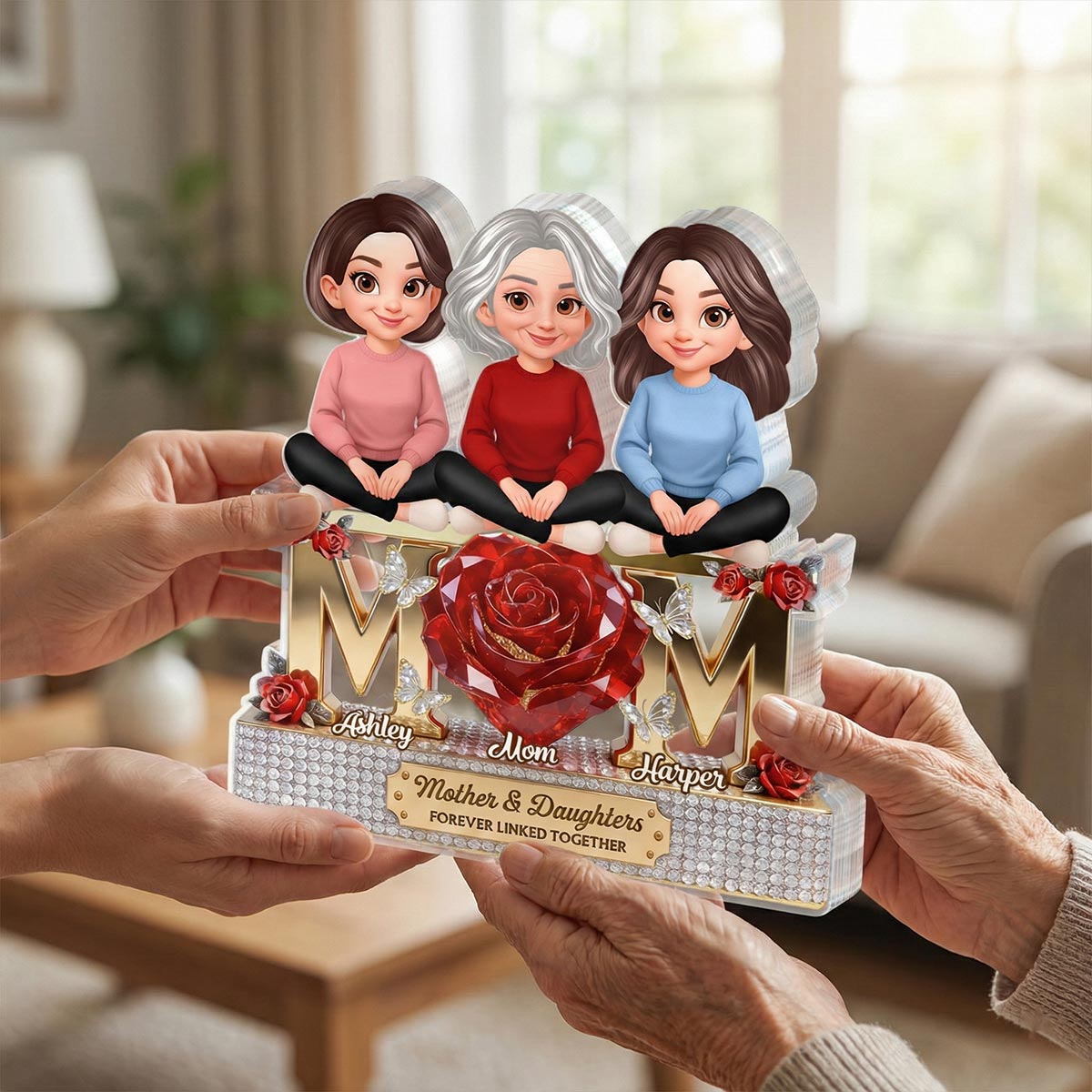 Beautiful Roses MOM And Daughters Sons - Personalized Acrylic Block Plaque - Gift For Mom