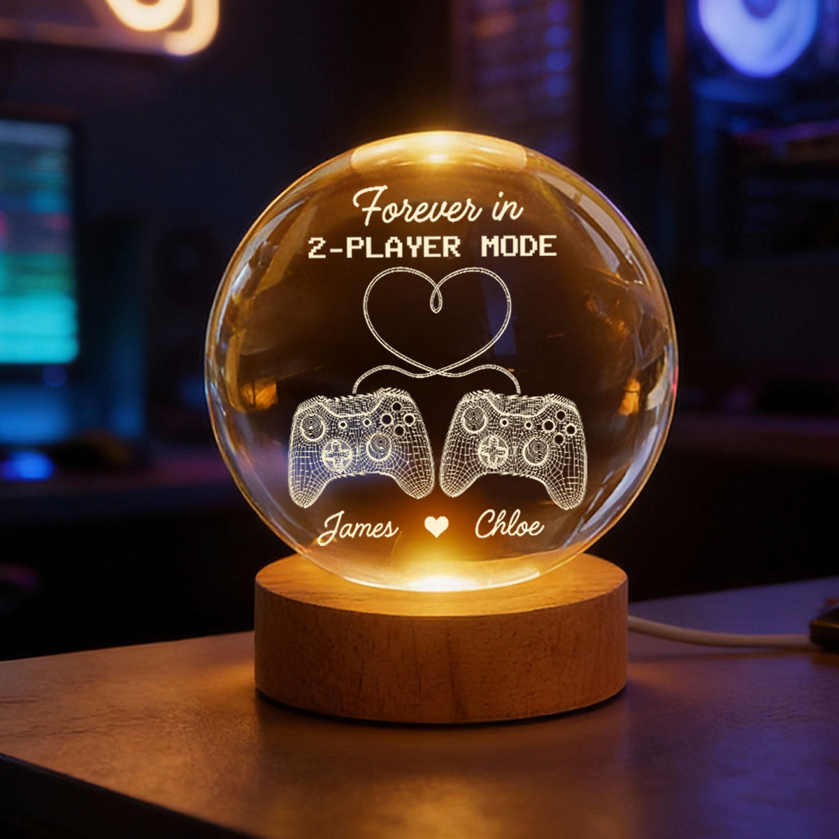 Forever In 2-Player Mode Game Controllers - Personalized Crystal Ball LED Night Light - Gamer Couple Gift