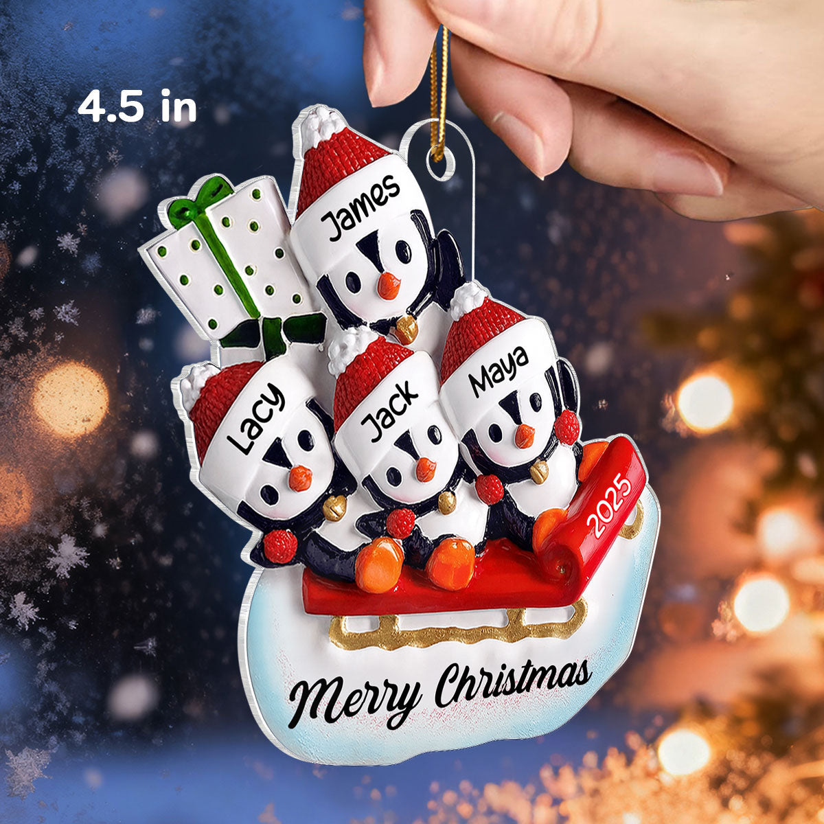 3D Effect Penguin Family On Sled - Personalized Acrylic Ornament