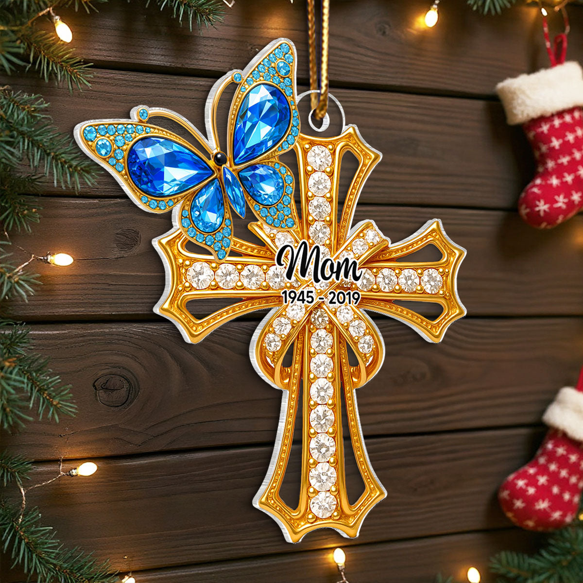 Memorial Blue Monarch Butterfly On Cross - Personalized Acrylic Ornament - Christmas Gift for Loss Of Loved Ones